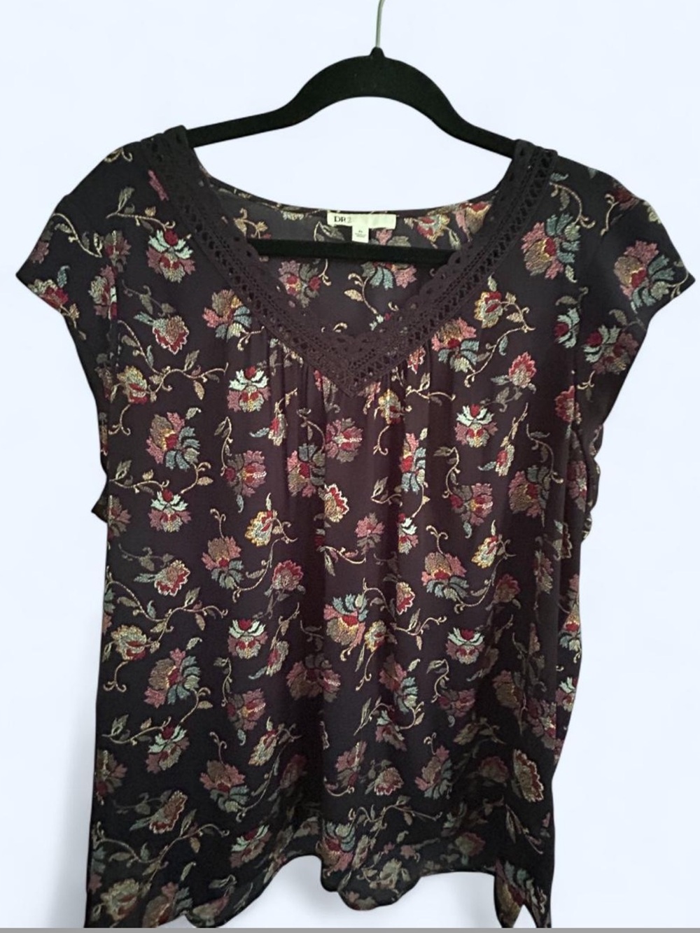 DR2 Daniel Rainn Floral Boho Blouse XL Crochet Trim Top